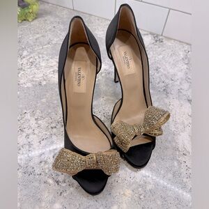 Valentino Black and Gold Stiletto Heels with Bow